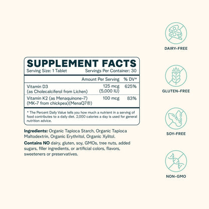 Ora Organic Vitamin D3 5000IU + K2 - Vegan Vitamin D from Lichen and K2 from Chickpeas for Bone Health, Immune Support, & Mood, Maximum Absorption - 1 Month Supply, 30 Chewable Tablets (Pack of 2)
