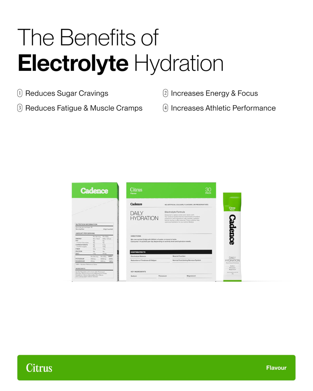 Cadence Sachets Core Melonberry - Carton (5g x 30) Science-Backed Hydration | Electrolyte Formula + Caffeine | Vegan, Keto & Paleo Friendly | Sodium, Potassium & Magnesium for Performance & Recovery