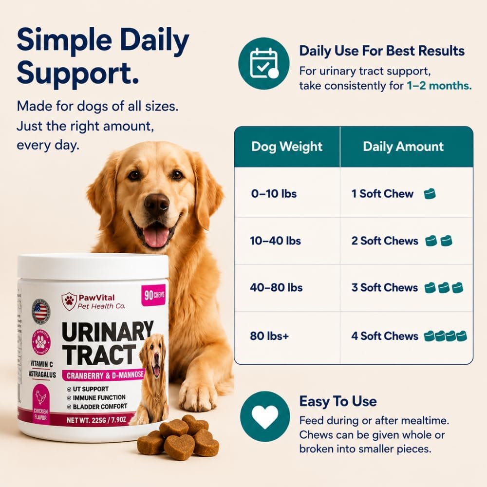 Dog UTI Support Chews, Cranberry Supplement for Dogs with D-Mannose, Urinary Tract & Bladder Support, Dog Cranberry Chews for Bladder Control, Incontinence Support, Chicken Flavor, 90 Soft Chews