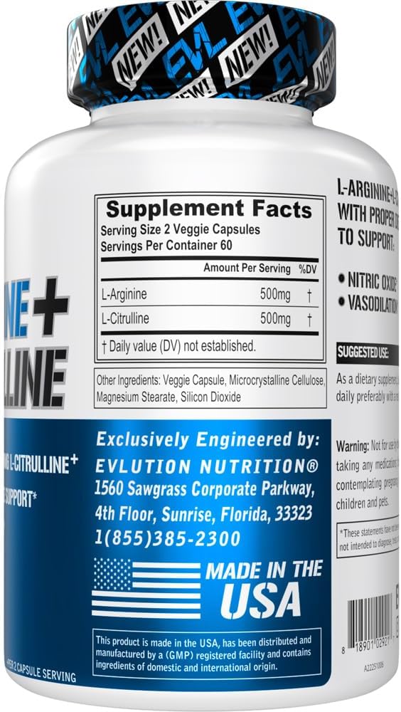 L Arginine L Citrulline Supplement - Invigorating Nitric Oxide Supplement with Ideal 1:1 Citrulline Arginine Ratio with 500mg Each Per Serving for Enhanced Pumps Energy & Stamina (60 Servings)