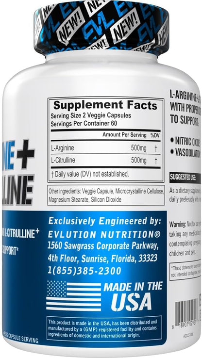 L Arginine L Citrulline Supplement - Invigorating Nitric Oxide Supplement with Ideal 1:1 Citrulline Arginine Ratio with 500mg Each Per Serving for Enhanced Pumps Energy & Stamina (60 Servings)