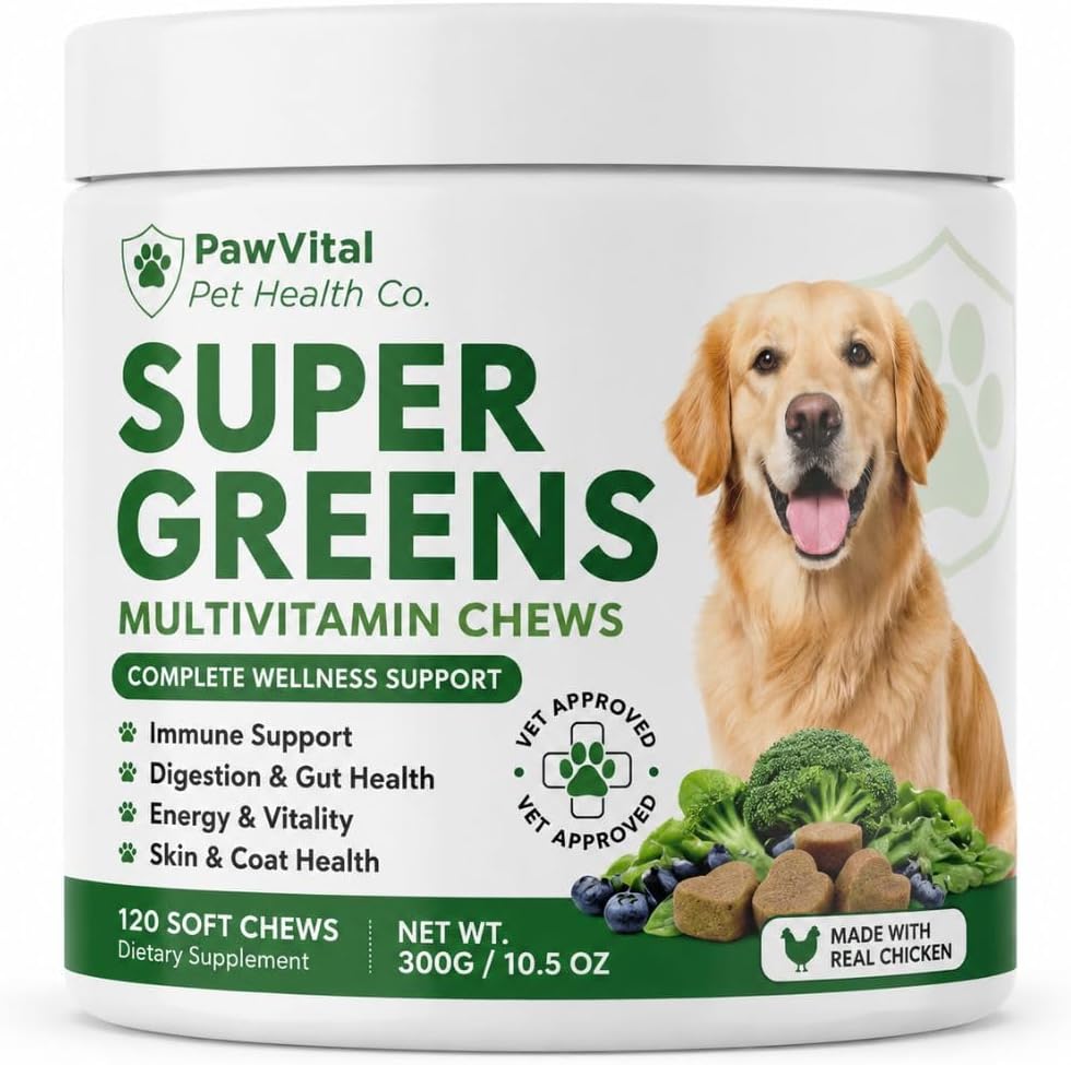 Super Greens Multivitamin Chews for Dogs – Dog Vitamins with Spirulina, Chlorella, Probiotics – Daily Dog Multivitamin for Immune Support, Gut Health, Skin & Coat – Beef Liver Flavor – 120 Soft Chews