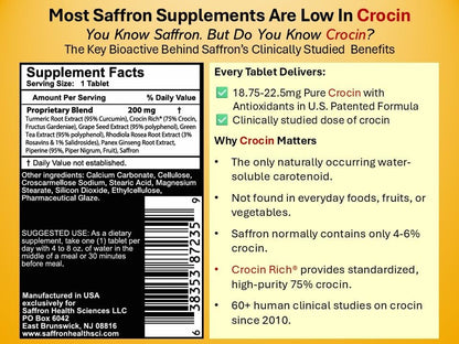 Crocin Brain Supplement for Memory & Focus | CROCIN RICH Plus - 60 Tablets | 75% High-Purity Crocin; Clinically Relevant Dose; U.S. Patented Formula; Mood & Healthy Aging; Sleep Quality; Mental Clarity