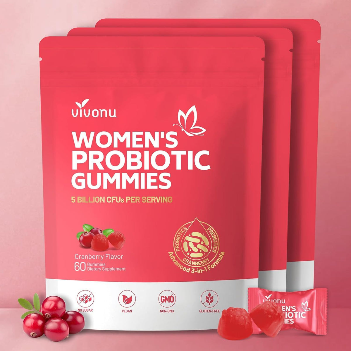 VivoNu Probiotics for Women, Women Probiotic Gummies, 500 Million CFUs, Fiber | Feminine Balance Gummies for Healthy Odour, Digestive Support and Gut Health + Vitamin C for Immune Support - 60 Gummies