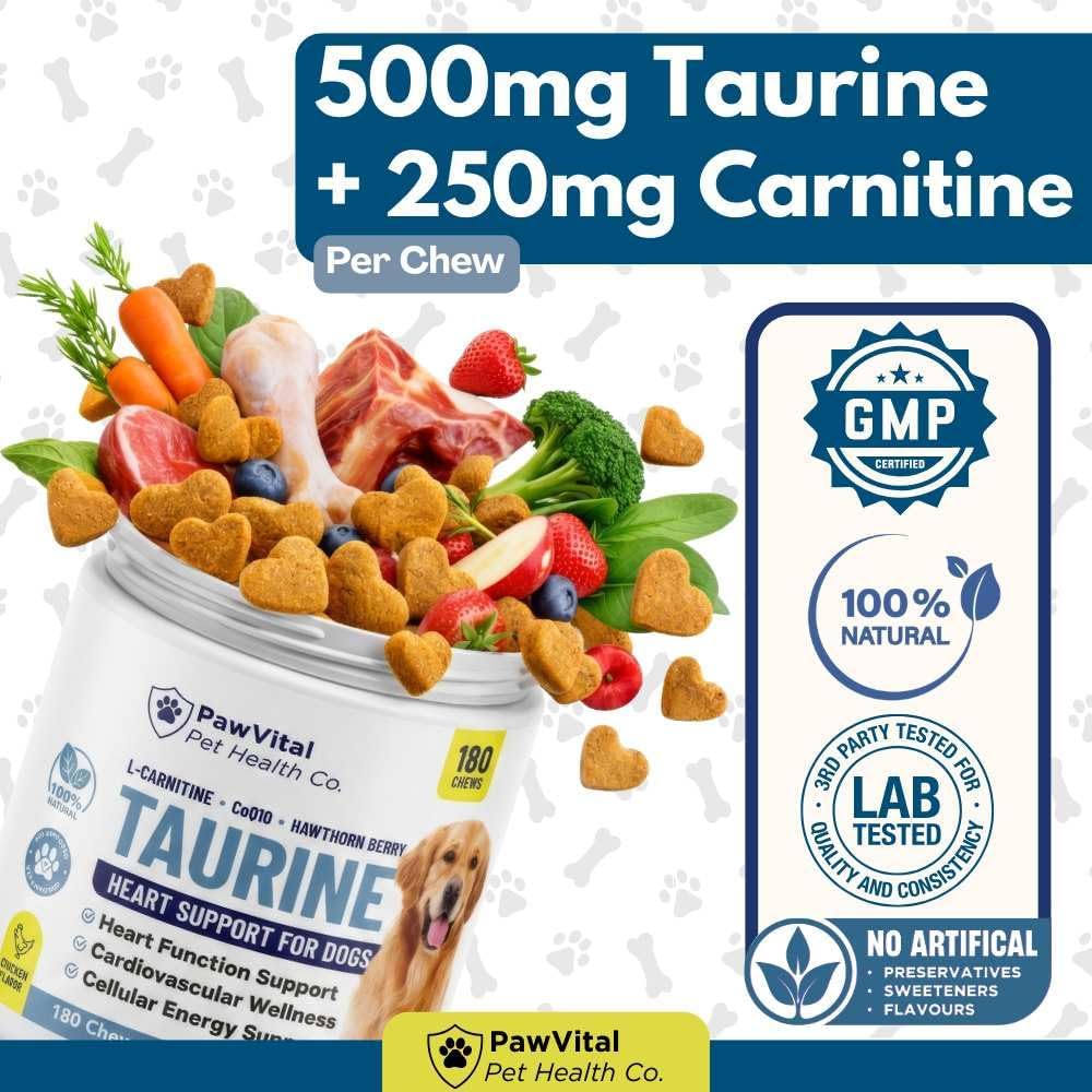 Taurine for Dogs – Heart Support Supplement with L-Carnitine, CoQ10 & Hawthorn Berry – Dog Heart Health & Cardiovascular Support Chews – Taurine Supplement for Dogs – 180 Chicken Flavor Soft Chews