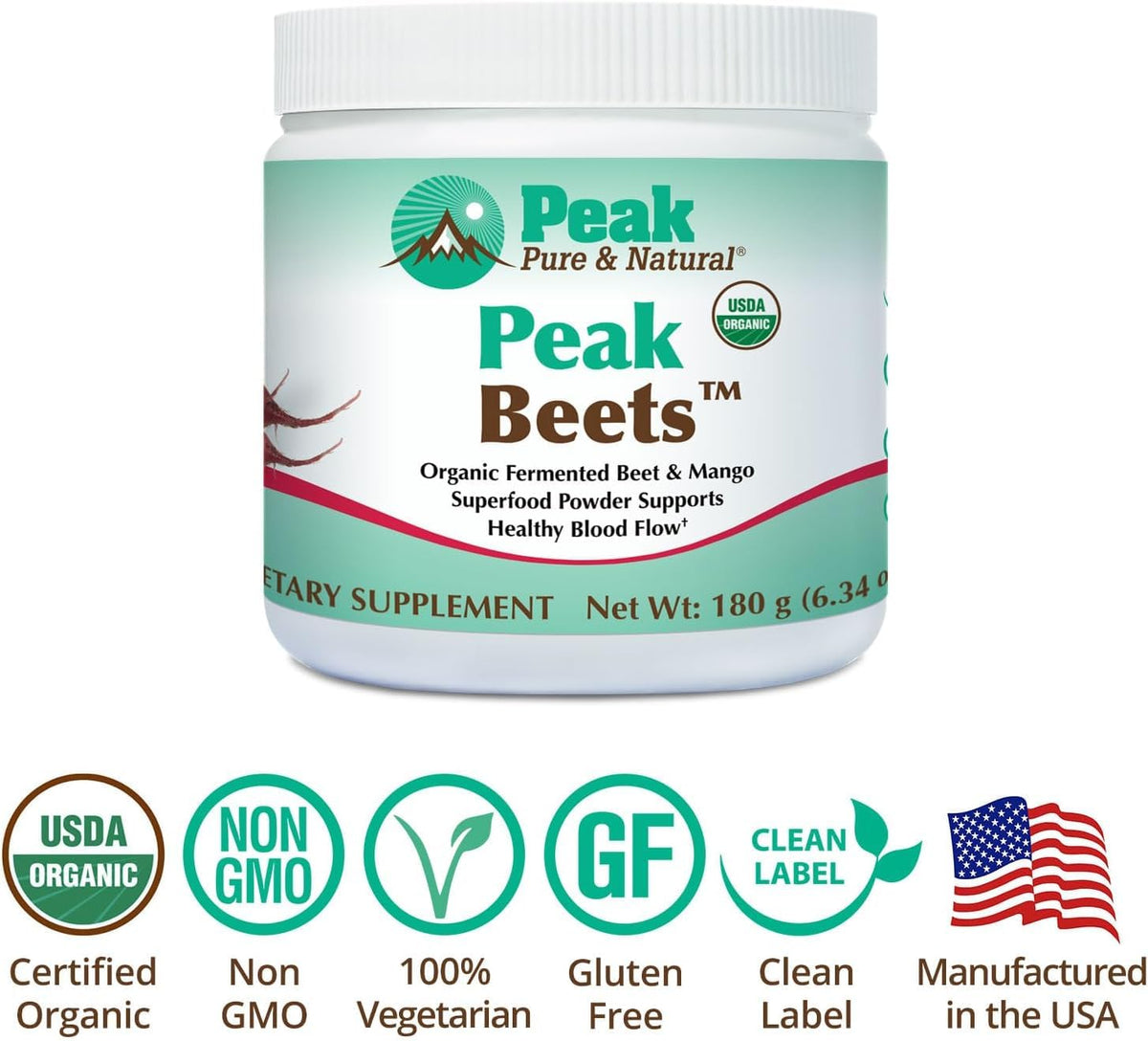 Peak Pure & Natural Peak Organic Fermented Beets - Organic Fermented Beet Powder Superfood Drink Powder - Nitric Oxide Supplement Support for Normal Blood Pressure