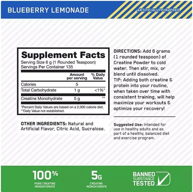Optimum Micronized Creatine Monohydrate Powder, Blueberry Lemonade Creatine, 135 Servings,5 Grams Per Serving