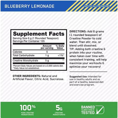 Optimum Micronized Creatine Monohydrate Powder, Blueberry Lemonade Creatine, 135 Servings,5 Grams Per Serving