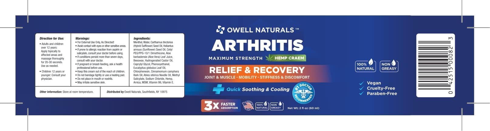 OWELL NATURALS Joint & Muscle Ream, Maximum Strength Relief & Recovery for Back, Neck, Feet with Aloe Vera, Vitamin B6 MSM, 2 Oz, (2 Pack) Owell NaturalsBuy Supplements Australia