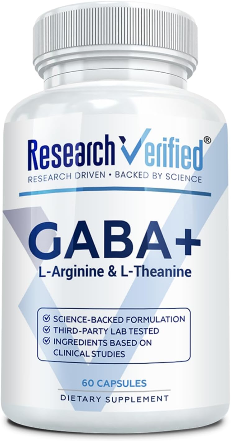 Research Verified GABA+ - Relaxation, Mood, Sleep - 600mg GABA, L-Arginine, L-Theanine, P5P, BioPerine - 60 Vegan Capsules - Pack of 1