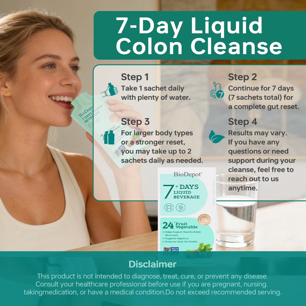 7 Day Gut Cleanse Liquid Detox Drink for Women & Men Colon Cleanse | 24 Fruit & Vegetable Blend for Gut Balance, Gentle Regularity and Daily Digestive Support, Convenient 7-Pack Beverage Cleanse