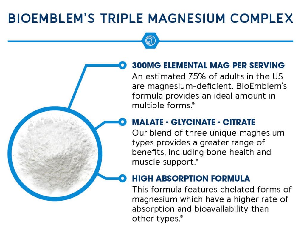 BioEmblem Triple Magnesium Complex | 300mg of Magnesium Glycinate, Malate, & Citrate for Muscles, Nerves, & Energy | High Absorption | Vegan, Non-GMO (180 Capsules)