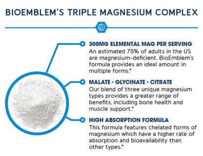 BioEmblem Triple Magnesium Complex | 300mg of Magnesium Glycinate, Malate, & Citrate for Muscles, Nerves, & Energy | High Absorption | Vegan, Non-GMO (180 Capsules)