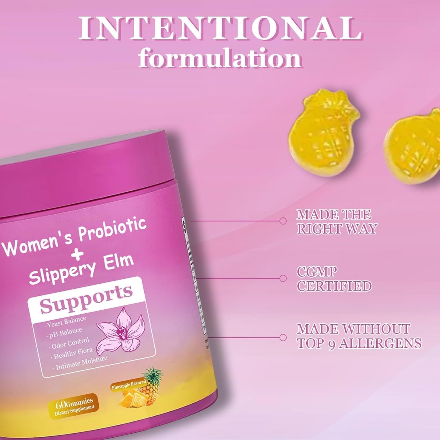 DYALE Her Juicy Feminine Probiotics Gummies for Women | Pineapple Flavor | Supports pH Balance, Gut Health & Immune System | with Slippery Elm, Prebiotics & Lactobacillus Blend | 60 Gummies (1pc)
