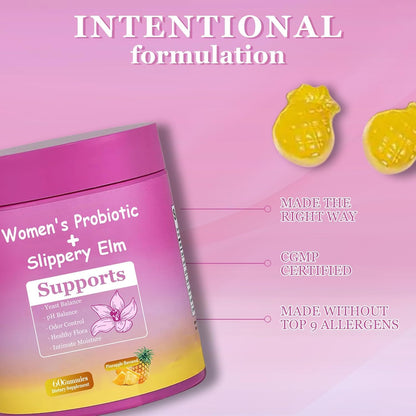 DYALE Her Juicy Feminine Probiotics Gummies for Women | Pineapple Flavor | Supports pH Balance, Gut Health & Immune System | with Slippery Elm, Prebiotics & Lactobacillus Blend | 60 Gummies (1pc)