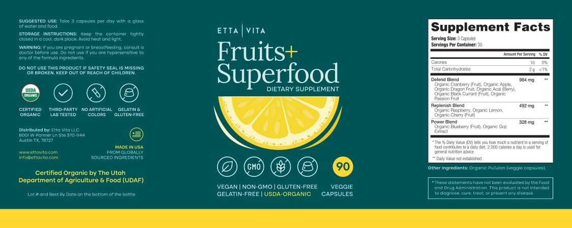 USDA Organic Fruits and Veggies Supplement, 31 Whole Foods, 180 Vegan Ct | Food berry & greens supplements blend for energy, immune & digestive support, vegan, non-GMO, gluten free, third-party tested