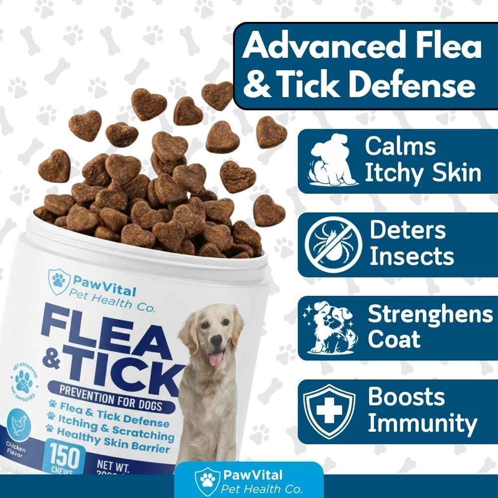 Flea and Tick Prevention for Dogs Chewables – 150 Soft Chews – Natural Dog Flea & Tick Control Supplement – Oral Defense Treatment with Omega Skin & Coat Support – All Breeds & Ages – Chicken Flavor