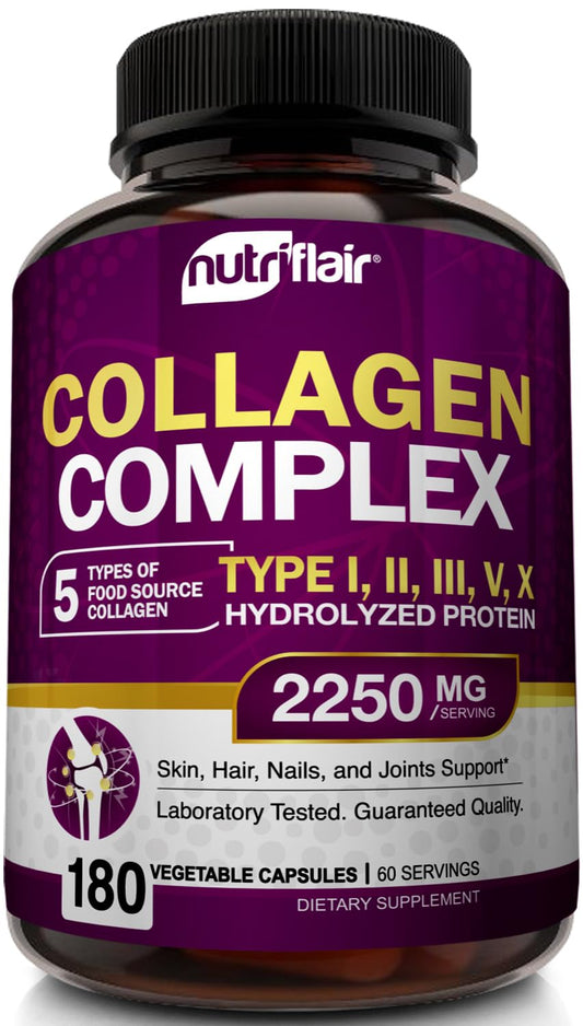 NutriFlair Multi Collagen Peptides 2250mg - Type I, II, III, V, X - Collagen Supplements Complex Powder Pills for Women and Men - Hydrolyzed Protein, Healthy Hair, Skin, Nails - Non-GMO (180 Capsules) NutriFlair buy supplements Au