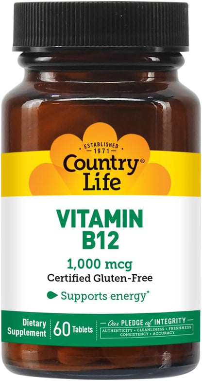Country Life Vitamin B12 1,000 mcg, Vegan Energy Support, 60 Tablets