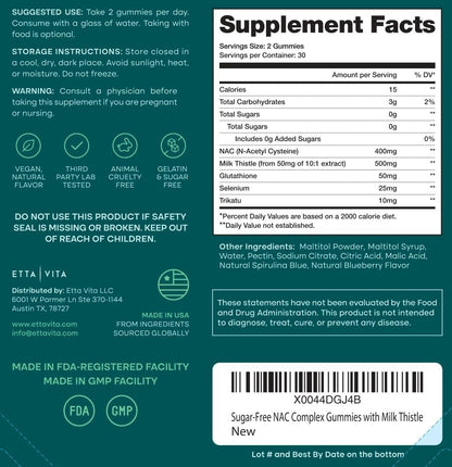 Sugar-Free NAC Gummies for Kids and Adults with Glutathione & Milk Thistle | N Acetyl Cysteine 400mg for antioxidant & immune support, sugar free, vegan, non-GMO, gluten free, blueberry flavor, USA