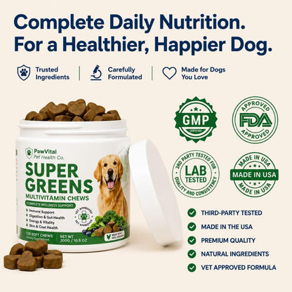Super Greens Multivitamin Chews for Dogs – Dog Vitamins with Spirulina, Chlorella, Probiotics – Daily Dog Multivitamin for Immune Support, Gut Health, Skin & Coat – Beef Liver Flavor – 120 Soft Chews