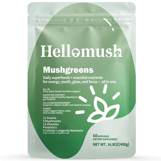 Hellomush Super Greens Powder Superfood, Daily Green Powder Supplement with Probiotics Drink Mix for Men & Women, Blend of Greens, Mushrooms, Vitamins, Probiotics and Cellular Nutrients HellomushBuy Supplements Australia
