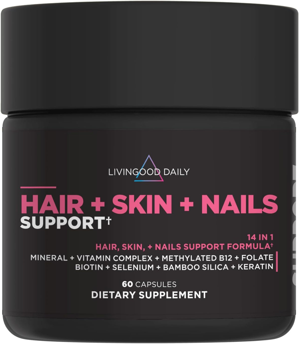 Livingood Daily Hair, Skin & Nails Supplement, 14-in-1 Formula with Biotin, Collagen, Keratin, Bamboo, Selenium, Folate, B12, Zinc and More, Beauty Supplement for Women & Men, Gluten Free, 60 Capsules