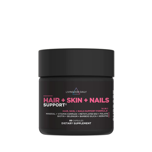 Livingood Daily Hair, Skin & Nails Supplement, 14-in-1 Formula with Biotin, Collagen, Keratin, Bamboo, Selenium, Folate, B12, Zinc and More, Beauty Supplement for Women & Men, Gluten Free, 60 Capsules Livingood DailyBuy Supplements Australia