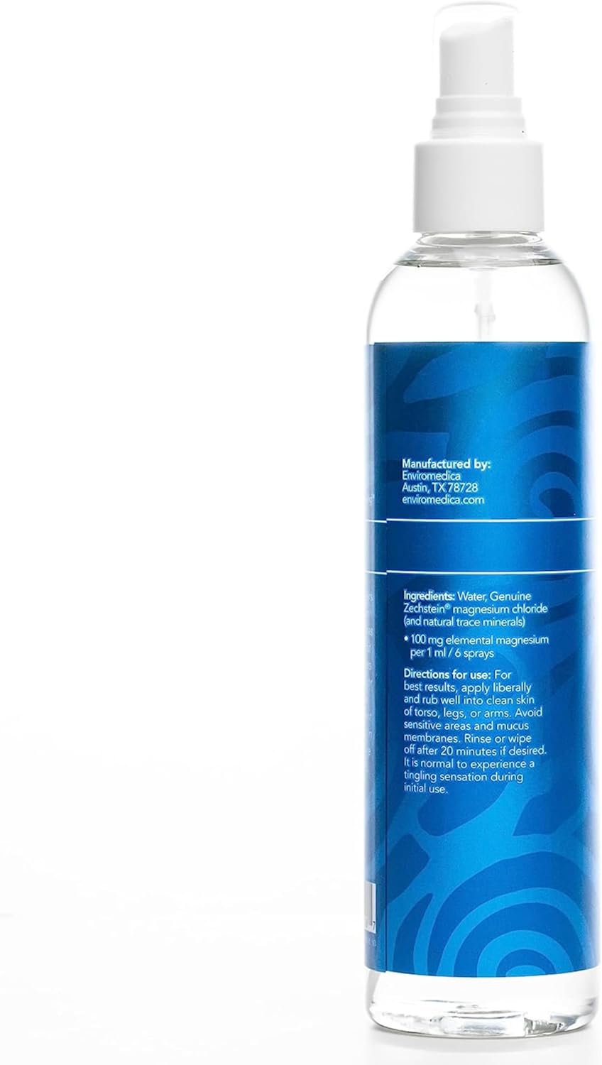 Ancient Minerals Magnesium Oil Spray, Zechstein Chloride, 8oz | Pure Zechstein magnesium chloride topical spray for skin. Fast-absorbing magnesium mist. 8 fl oz.