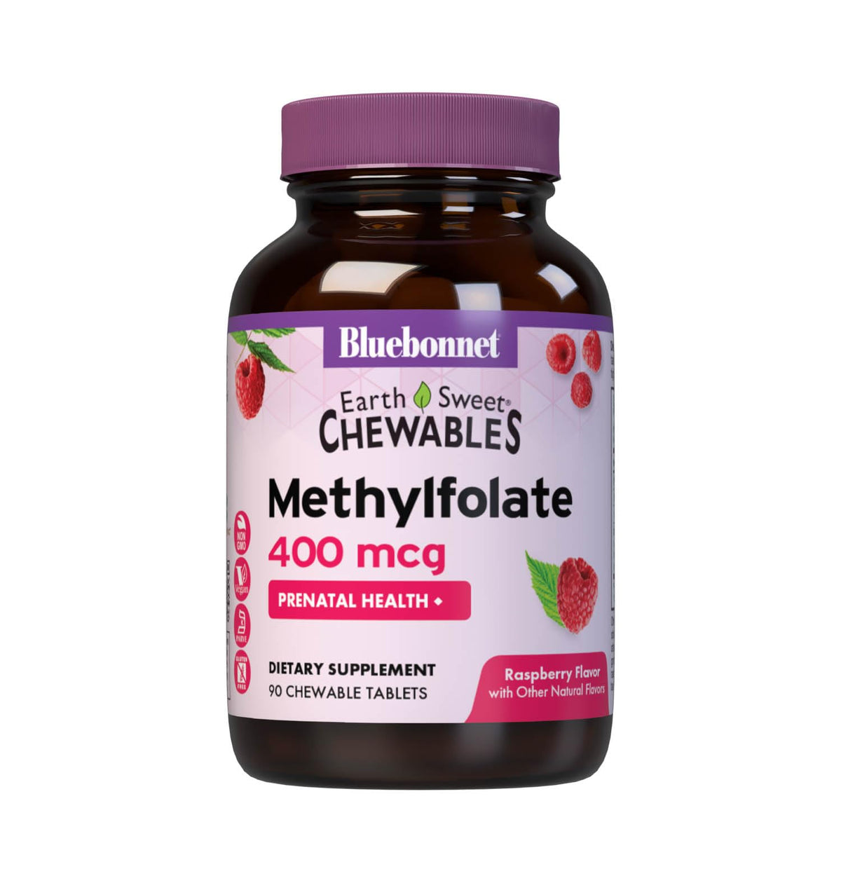 Bluebonnet EarthSweet Methylfolate 400 mcg Cellular Active Coenzyme 5-MTHF L Methyl Folate Supplement - Prenatal & Energy Support* - Non-GMO, Vegan, Gluten-Free - Raspberry - 90 Chewable Tablets