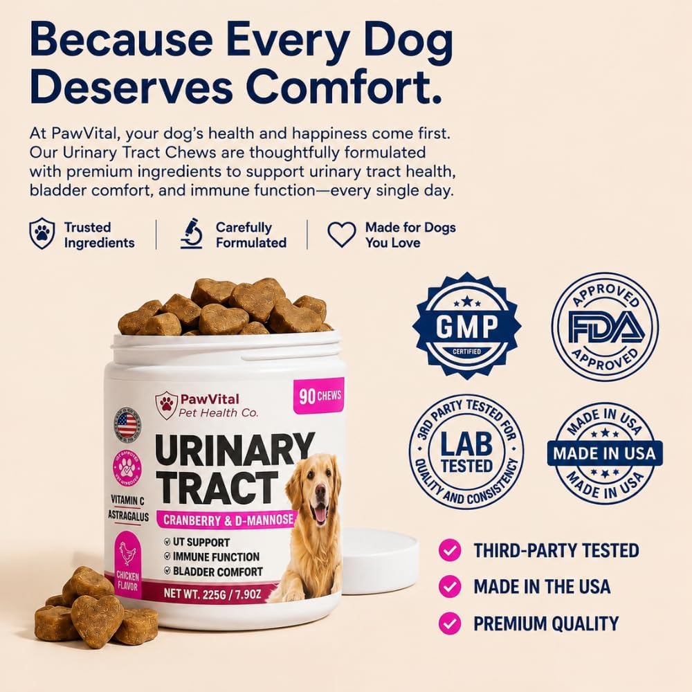 Dog UTI Support Chews, Cranberry Supplement for Dogs with D-Mannose, Urinary Tract & Bladder Support, Dog Cranberry Chews for Bladder Control, Incontinence Support, Chicken Flavor, 90 Soft Chews