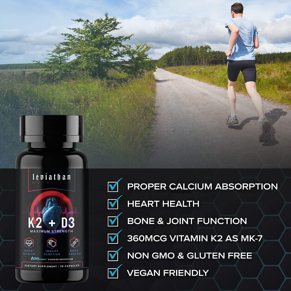 Leviathan Nutrition Vitamin D3 K2 2 in 1 Formula | 360mcg Vitamin K2 (MK7) + Vitamin D3 5000 IU Vegan Organic Extra Strength Vitamin Supplements - Support Heart, Teeth, Joint, and Bone Health