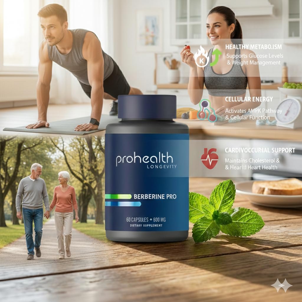ProHealth Berberine Pro. Promotes Youthful Metabolism + Healthy Body Composition. with Alpha Lipoic Acid & Black Pepper Extract. 1,200 mg per 2 Cap Serving, 60 Caps.