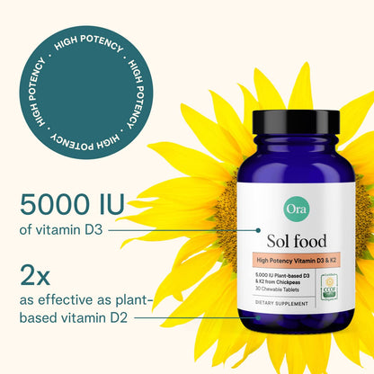 Ora Organic Vitamin D3 5000IU + K2 - Vegan Vitamin D from Lichen and K2 from Chickpeas for Bone Health, Immune Support, & Mood, Maximum Absorption - 1 Month Supply, 30 Chewable Tablets (Pack of 2)