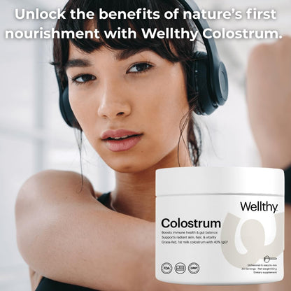 Wellthy Colostrum Powder – Grass-Fed, 40% IgG – Supports Immune System, Gut Health, and Radiant Skin – 30 Servings – Made in USA
