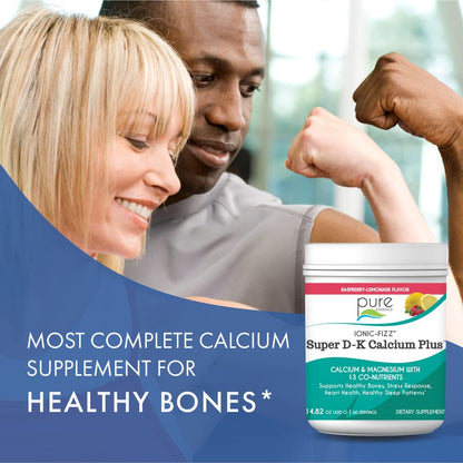 Ionic Fizz Super D-K Calcium Plus by Pure Essence - with Extra Magnesium, Vitamin D3, Vitamin K2 for Strong Bones and Stress Support - Raspberry Lemonade - 14.82oz