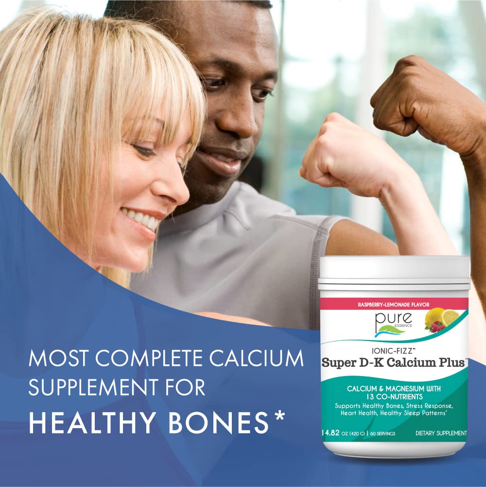 Ionic Fizz Super D-K Calcium Plus by Pure Essence - with Extra Magnesium, Vitamin D3, Vitamin K2 for Strong Bones and Stress Support - Raspberry Lemonade - 14.82oz