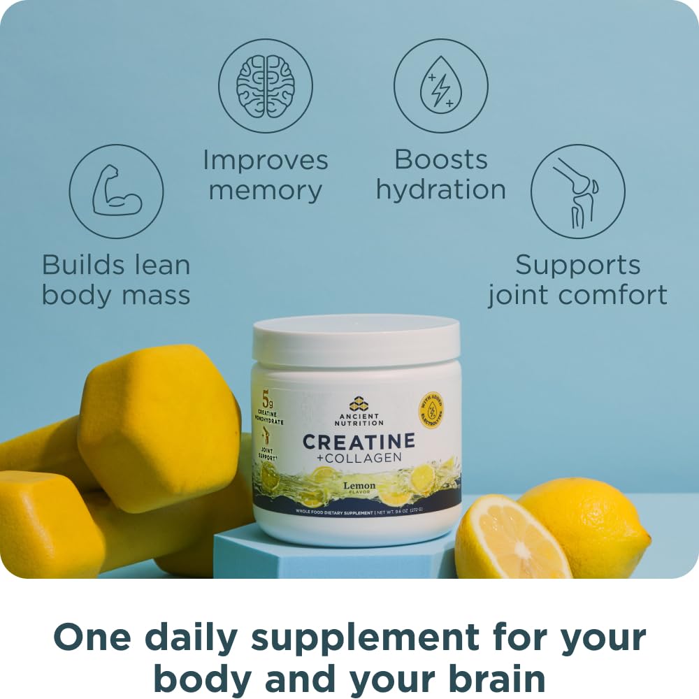 Ancient Nutrition Creatine + Collagen + Electrolytes – Muscle Strength, Lean Body Mass, Joint Comfort & Cognitive Support – Includes 5g Creatine Monohydrate for Women