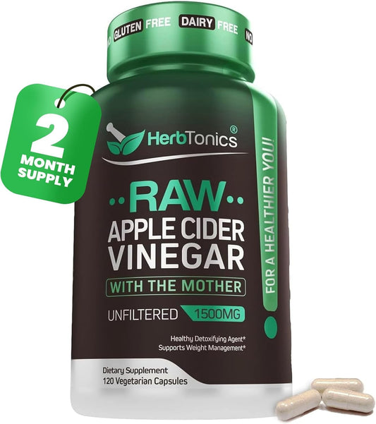 Herbtonics Raw Apple Cider Vinegar Capsules 1500mg with Mother | Detox & Digestion Formula | Unfiltered ACV for Metabolic Support | 120 Vegan Capsules