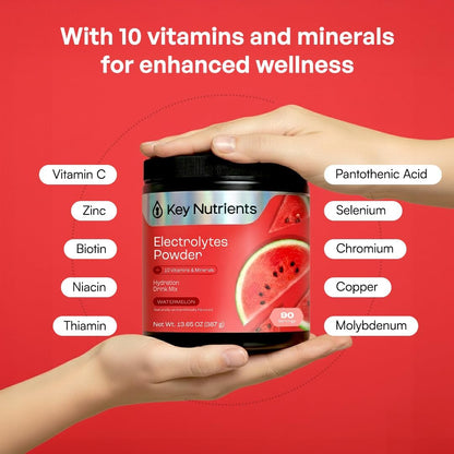 KEY NUTRIENTS Electrolytes Powder Bundle, Sweet Cherry Pom 90 Servings Jar + Juicy Watermelon 90 Servings Jar, Sugar Free Hydration Drink Mix with Vitamins & Minerals, No Calories