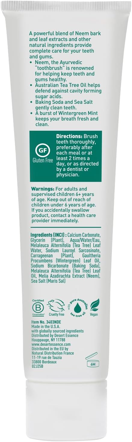 Desert Essence Tea Tree Oil and Neem Toothpaste, Wintergreen, 6.25 oz