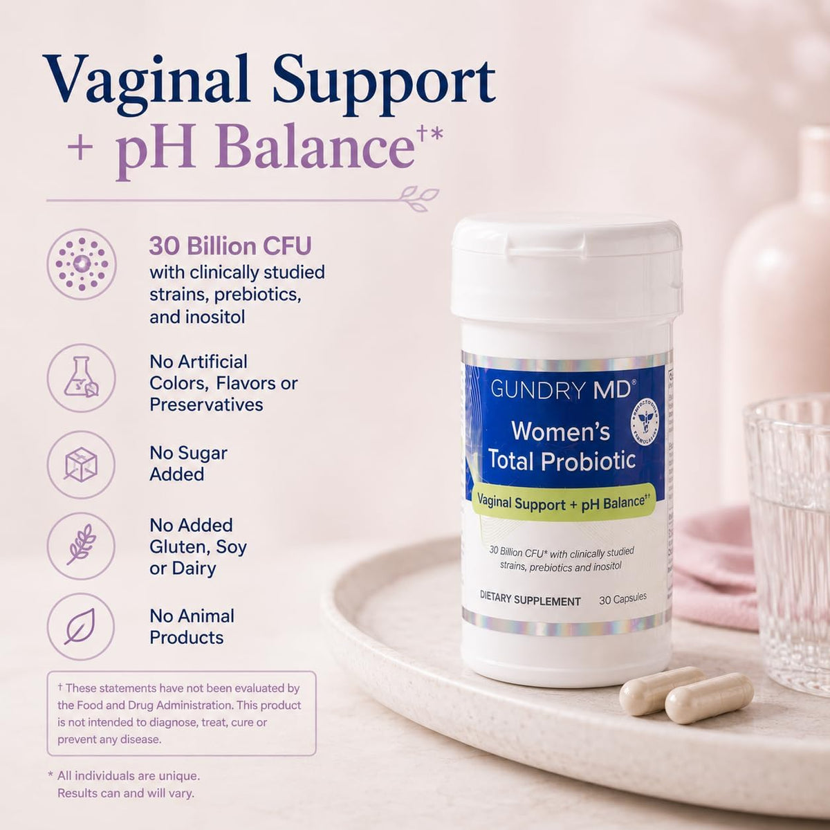 Gundry MD® Women's Total Probiotic with Inositol, 30 Capsules | Made with Women in Mind, Urinary Tract & Vaginal Support, Leaky Gut, Digestive Health, Horomone Support, No Animal Products
