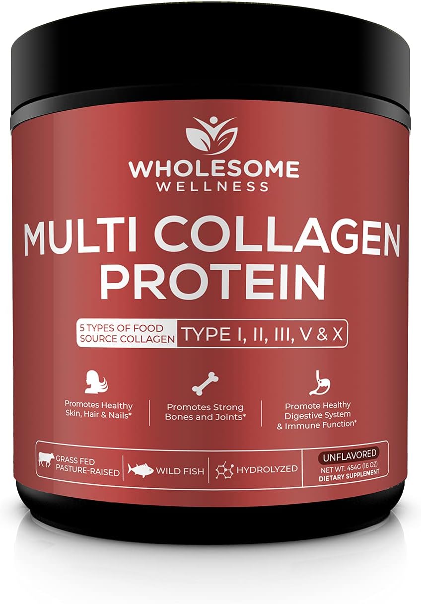 Wholesome Wellness Multi Collagen Protein Powder Hydrolyzed (Type I II III V X) + Grass Fed Desiccated Beef Liver Capsules (180 Pills, 750mg Each) - Natural Iron, Vitamin A, B12 for Energy Bundle