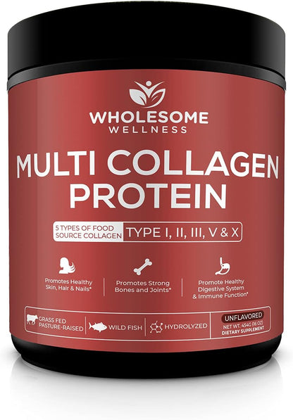 Wholesome Wellness Multi Collagen Protein Powder Hydrolyzed (Type I II III V X) + Grass Fed Desiccated Beef Liver Capsules (180 Pills, 750mg Each) - Natural Iron, Vitamin A, B12 for Energy Bundle