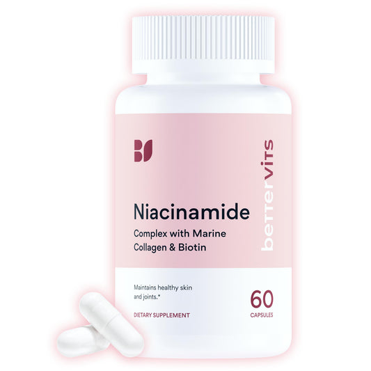 Bettervits Niacinamide Supplement with Vitamin B3, Marine Collagen & Hyaluronic Acid | High-Strength Vitamin B3 Capsules 300 mg. with Turmeric for Energy Metabolism