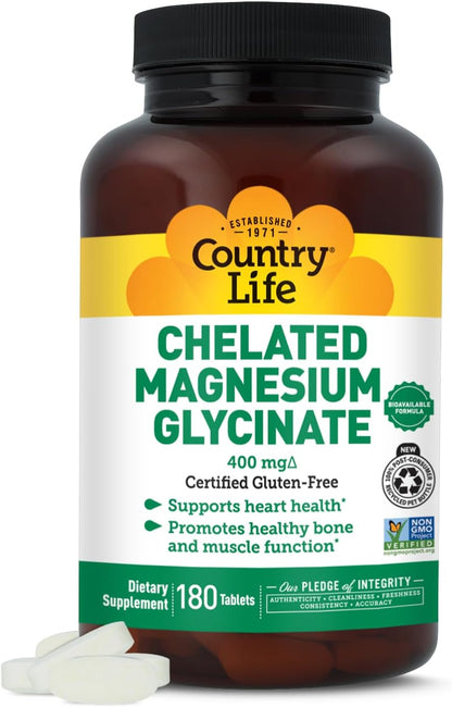 Country Life Chelated Magnesium Glycinate 400 mg, 180 Tablets