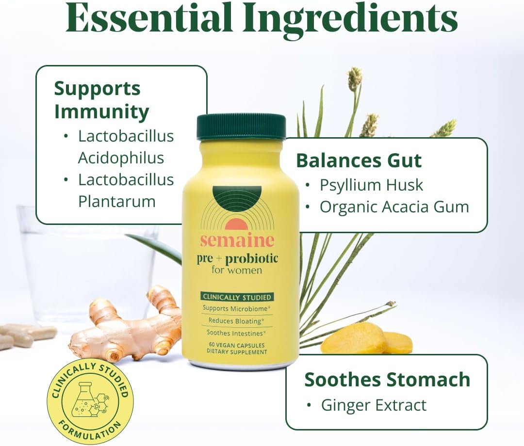 Semaine Health Prebiotics and Probiotics for Women - Women Probiotic + Prebiotic with Standardized Ginger, Psyllium Husk & Acacia Gum, 4 Billion CFU Lactobacillus, 60 Vegetable Capsules