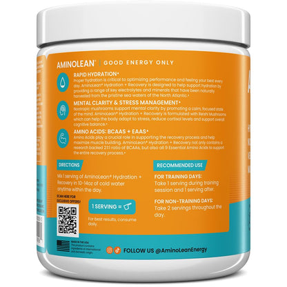 AminoLean Recovery Electrolytes Powder with Vegan BCAA + EAA Amino Acids | 5g Vegan Amino Acids, Hydration, Electrolytes & Nootropic Reishi Mushrooms for Post Workout & Morning Recovery, Sugar Free