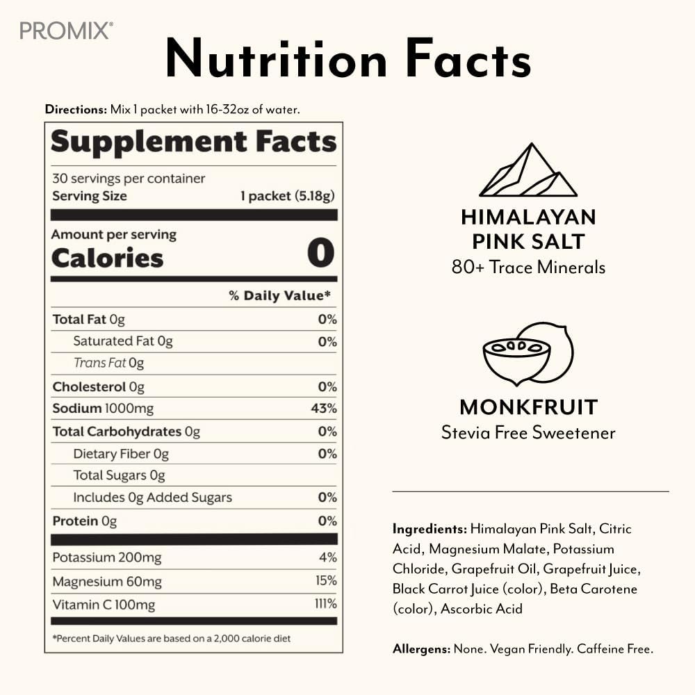 ProMix Nutrition Electrolytes Powder Hydration Packets | Himalayan Pink Salt, Magnesium, Potassium, Vitamin C | Sugar Free - 30 Count