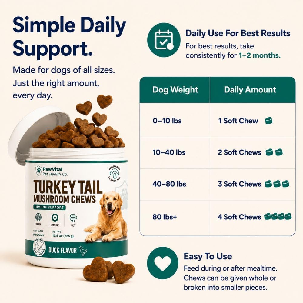 Turkey Tail Mushroom for Dogs – Mushroom Chews with Reishi & Probiotics – Dog Vitamins & Supplements for Immune Support, Gut Health, Brain Function & Daily Wellness – Duck Flavor – 90 Soft Chews